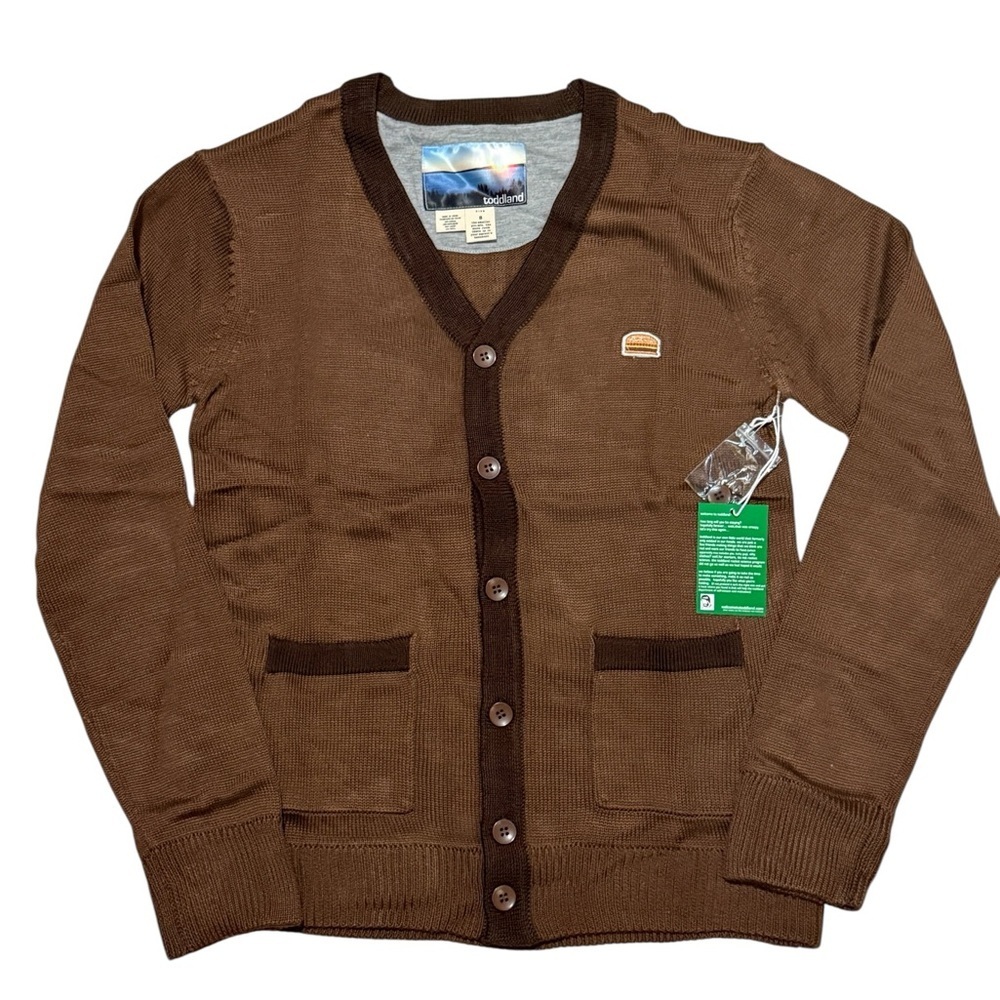 Toddland Unisex Brown Cardigan Sweater Burger Logo Accent